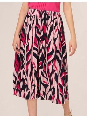 Adrianna Palell A-Line Pleated Pink, Black & Fuchsia Patterned Midi Skirt Size L